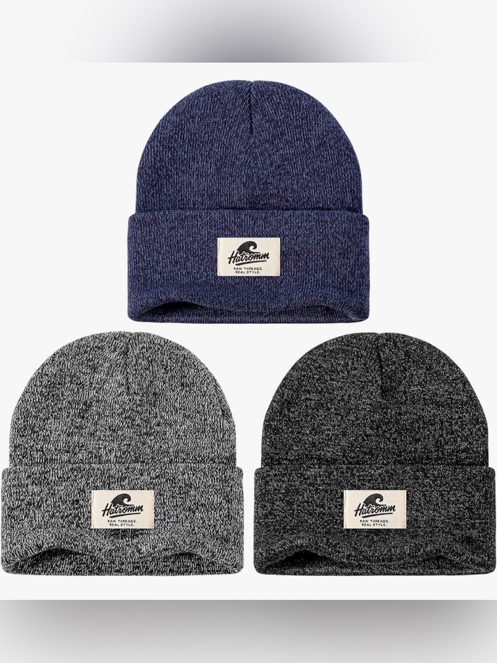 Fold-Over Knit Beanie - Navy, Gray & Charcoal
